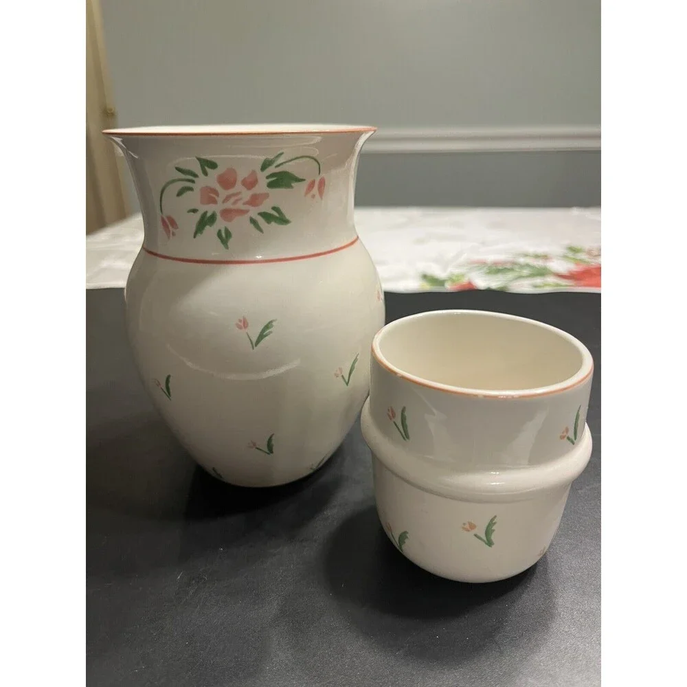 Vtg 1985 Pink Roses Bedside Tumble Up Carafe 2pc Portugal
